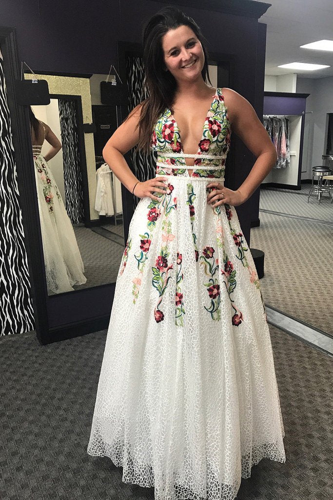 Charming V Neck Floral Embroidery Long Lace Prom Dress with Pocket PFP –  Promfast