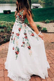 Charming V Neck Floral Embroidery Long Lace Prom Dress with Pocket PFP0565