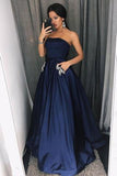 Simple A-Line Strapless Floor-Length Dark Blue Prom Dress with Pockets Beading