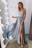 Promfast A-Line Spaghetti Straps Long Gray Prom Party Dress with Lace Sequins PFP1803