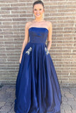 Simple A-Line Strapless Floor-Length Dark Blue Prom Dress with Pockets Beading PFP0567
