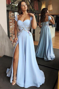 A-Line Cap Sleeves Floor-Length Light Blue Prom Dress with Appliques Split