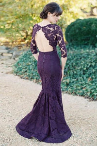 Gorgeous Half Sleeves Mermaid Long Purple Lace Open Back Bridesmaid Dress PFB0044