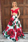 Two Piece Off-the-Shoulder Floor-Length Red Floral Prom Dress with Pockets