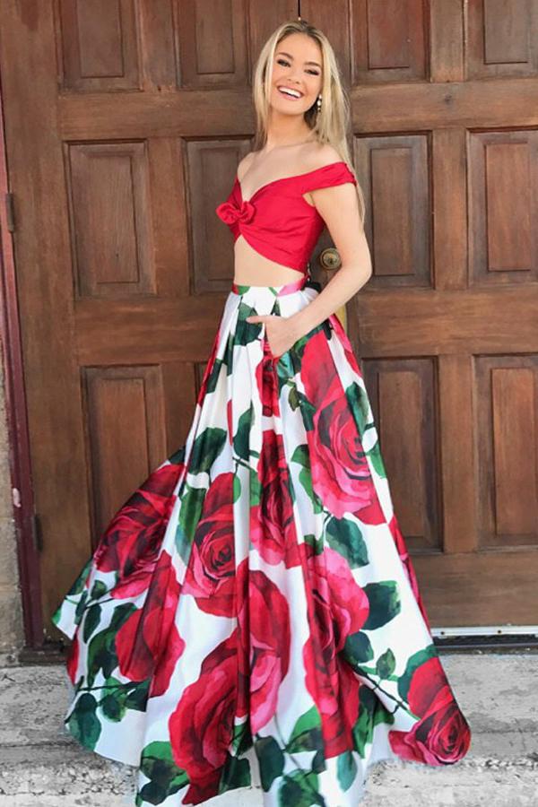 Two Piece Off-the-Shoulder Floor-Length Red Floral Prom Dress with Poc Promfast Two Piece Off-the-Shoulder Floor-Length Red Floral Prom Dress with Poc Promfast