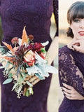 Gorgeous Half Sleeves Mermaid Long Purple Lace Open Back Bridesmaid Dress PFB0044