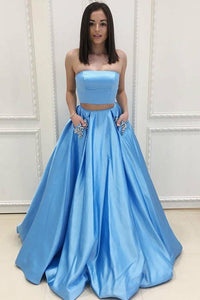 Two Piece A Line Strapless Blue Prom Dress with Pockets Beading