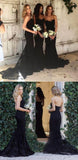 Mermaid Style Sweetheart Sweep Train Black Long Bridesmaid Dress with Lace PFB0045