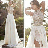 A-line Sexy High Neck Lace Bodice Beach Wedding Dress,Ivory Chiffon Prom Dress PFW0249