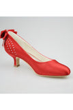 Beautiful Red Satin Beading Low Heel Close Toe Women Shoes PFWS0010