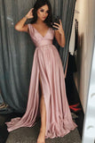 Cheap A-Line V-Neck Sweep Train Pink Prom Dress with Pleats Split