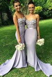 Elegant Long Mermaid Light Grey Sweetheart Appliques Beaded Bridesmaid Dresses,Prom Dress PFB0048