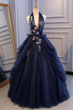 Princess Ball Gown Dark Blue Tulle Halter Prom Dresses Deep V Neck Backless Evening Dresses