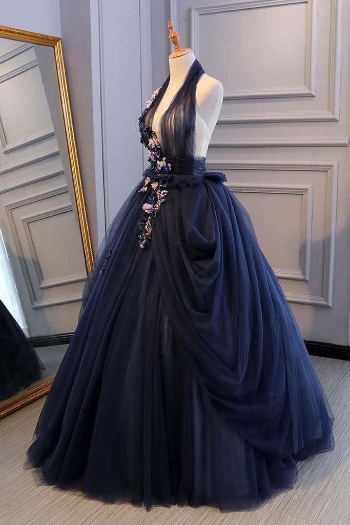 Princess Ball Gown Dark Blue Tulle Halter Prom Dresses Deep V Neck Bac –  Promfast