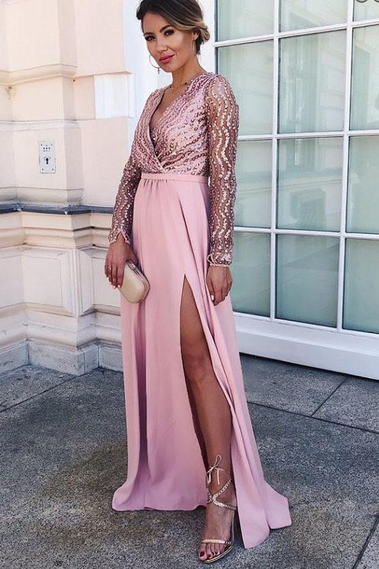 Long Sleeve A-line V-neck Floor-length Sequin Chic Long Prom Dress with Slit PFP0023