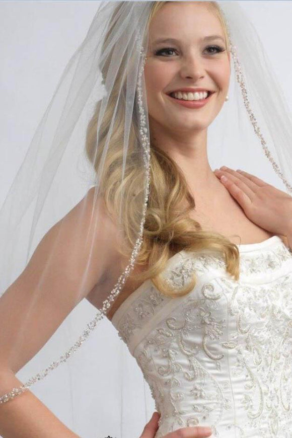 One Layer Fingertip Beading Edge Wedding Veil with Crystals and Sequins 