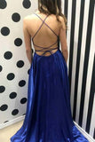 Royal Blue Spaghetti Strap A Line Prom Dress Sexy Long Split Party Dresses PFP0453