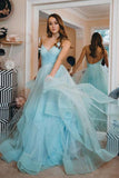 Light Blue Backless Prom Gown Spaghetti-straps Tulle Tiered Dance Dress PFP1756