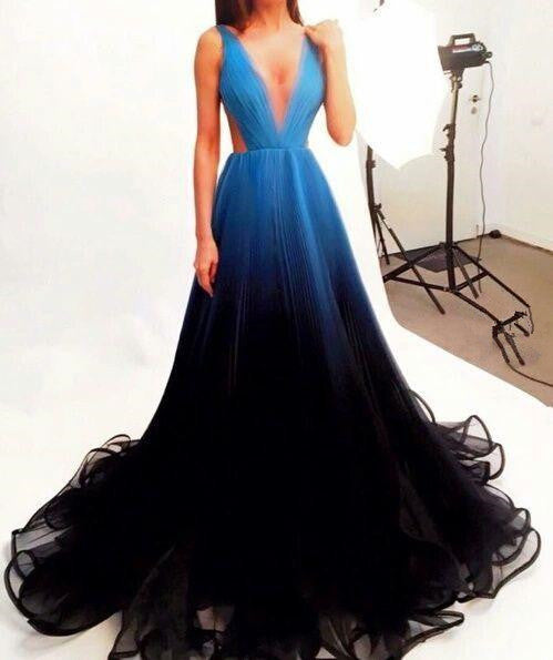2019 Black Blue Gradient Tulle Long Evening Party Dress,A Line V-neck Promfast 2019 Black Blue Gradient Tulle Long Evening Party Dress,A Line V-neck Promfast