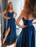 A Line Spaghetti Blue Prom Dresses, Long Split Cheap Evening Dress PFP0578