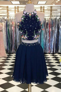 Two Pieces Dark Navy Scoop Floral Elegant Short Prom Dresses,Homecoming Dress PFH0042
