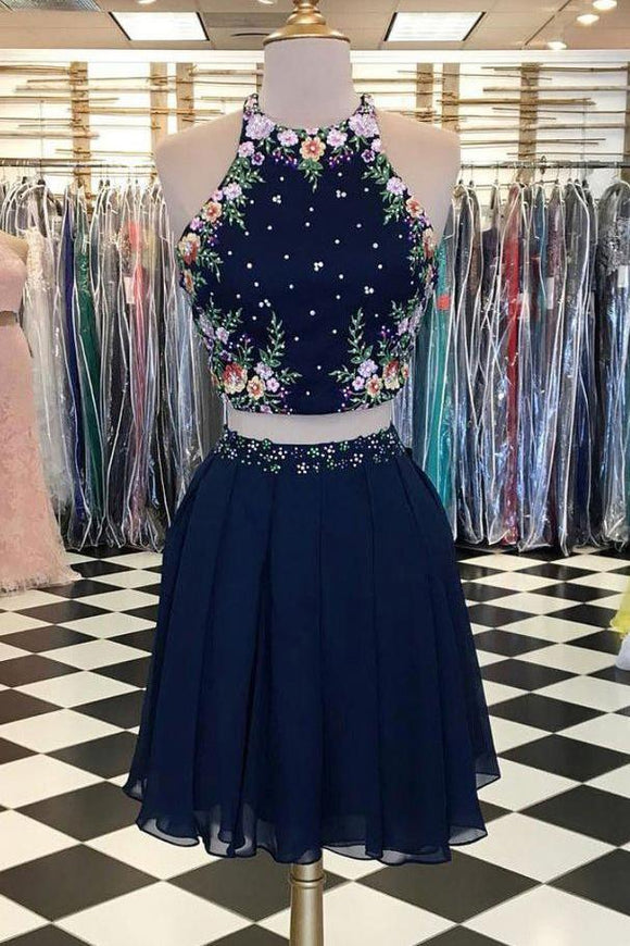 Two Pieces Dark Navy Scoop Floral Elegant Short Prom Dresses,Homecomin Promfast Two Pieces Dark Navy Scoop Floral Elegant Short Prom Dresses,Homecomin Promfast