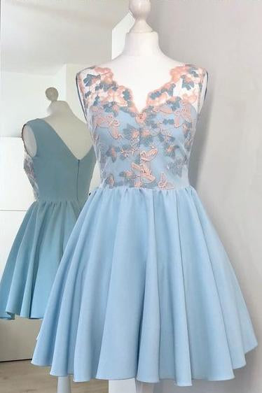 Cute V-Neck A Line Light Blue Short Homecoming Dress with Appliques PFH0043