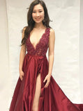 Sexy Burgundy Beaded Slit Skirt Evening Dress, Graduation School Party Gown PFP0579