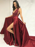 Sexy Burgundy Beaded Slit Skirt Evening Dress, Graduation School Party Gown PFP0579