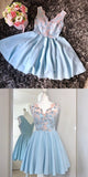 Cute V-Neck A Line Light Blue Short Homecoming Dress with Appliques PFH0043