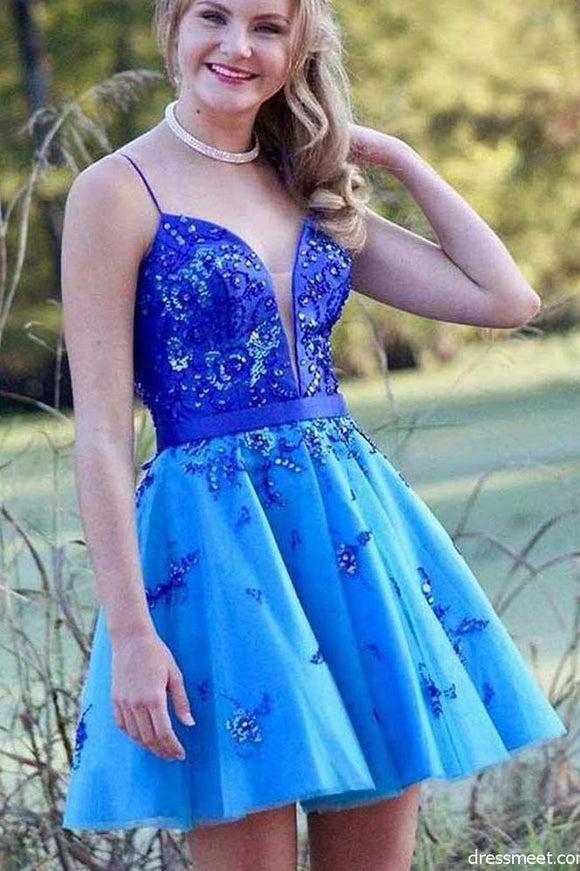 Cute A Line Spaghetti Straps Royal Blue Short Homecoming Dresses with Beading PFH0044