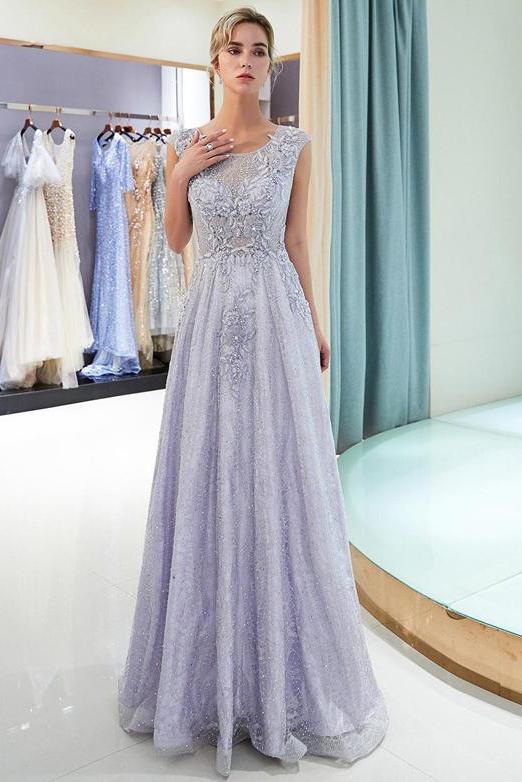 Elegant A Line Scoop Sleeveless Lavender Long Lace Prom Dress with Appliques PFP0101