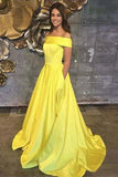 Yellow Off The Shoulder A Line Prom Dress,Long Evening Gown With Pockets