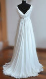 Simple White A-line V-neck Backless Sweep Train Chiffon Cheap Beach Wedding Dresses PFW0250