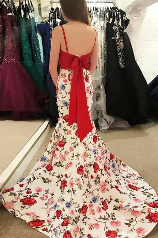 red and white flower prom dress ZAPAKA Women White Red Flower Long Prom Dress with Slit Strapless A-Line Basque Waist Formal Dress, White Red Flower / UK30