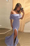 Pretty Lavender Off Shoulder With Lace Split Mermaid Prom Dresses PFP0102