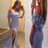 Pretty Lavender Off Shoulder With Lace Split Mermaid Prom Dresses PFP0102