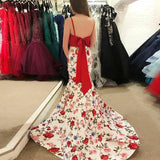 Mermaid Spaghetti Straps Floral Print Red Top Prom Dresses PFP0581