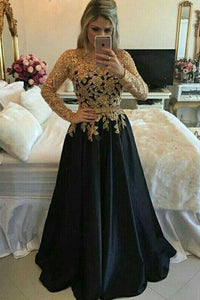 Modest Black And Gold Long A-line Long Sleeves Lace Prom Gowns,Evening Dresses PFP0103
