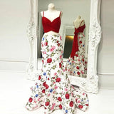 Mermaid Spaghetti Straps Floral Print Red Top Prom Dresses PFP0581