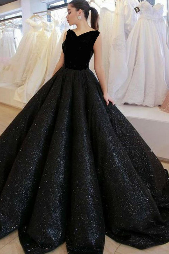 Black V Neck Sequined Ball Gown Prom Dress, Big Formal Dresses 