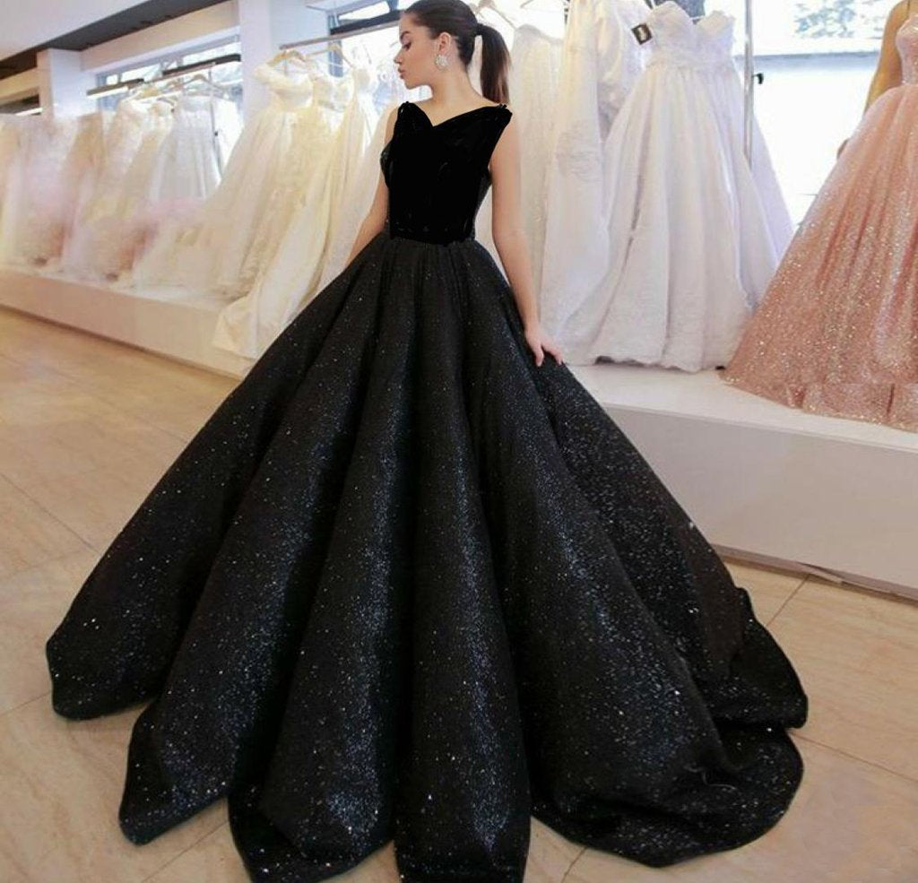 Black V Neck Sequined Ball Gown Prom Dress, Big Formal Dresses PFP0582 – Promfast Black V Neck Sequined Ball Gown Prom Dress, Big Formal Dresses PFP0582 – Promfast