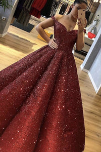 Burgundy Off the Shoulder Sequined Ball Gown Prom Dress