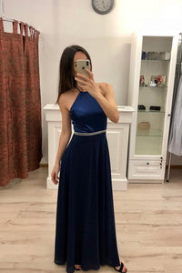 A Line Navy Blue Chiffon Long Prom Dresses,Cheap Party Dresses