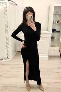 Sheath Long Sleeves Split Black Sexy Prom Dresses, Formal Evening Dresses
