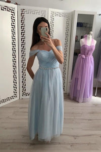 A Line Tulle Off the Shoulder Light Blue Cheap Prom Dresses