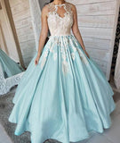 Unique Satin Appliques Long Sleeveless Ball Gown Prom Dress PFP0106