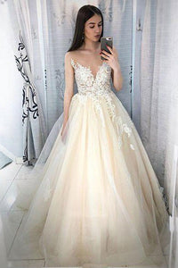 Charming Ball Gown Lace Appliques Long Prom Dresses, Elegant Evening Dresses PFP0108