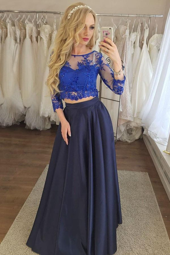 Two Piece 3/4 Sleeves Navy Blue Prom Dress with Royal Blue Lace