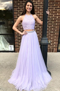 Two Piece Halter Backless Tulle Lavender Prom Dress with Lace Beading
